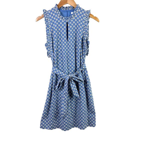 London Times Blue White Floral Daisy Eyelet Ruffle Shirt Dress 4P P4 4 Petite - Picture 3 of 13